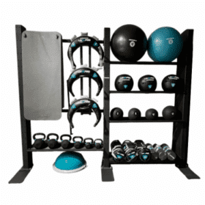 Synergy Pod functional training station with kettlebells, medicine balls, dumbbells, Bulgarian bags, exercise mat, and balance trainer neatly organised on a compact storage rack.