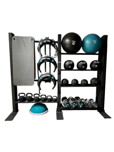 Synergy Pod functional training station with kettlebells, medicine balls, dumbbells, Bulgarian bags, exercise mat, and balance trainer neatly organised on a compact storage rack.